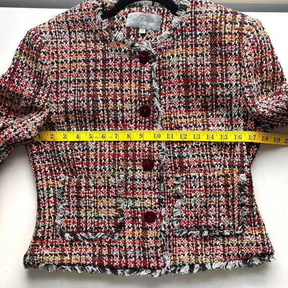 Emil Rutenberg Silk Tweed Jacket, Cropped Red Plaid Coat, Fringe, Size S - Picture 8 of 13